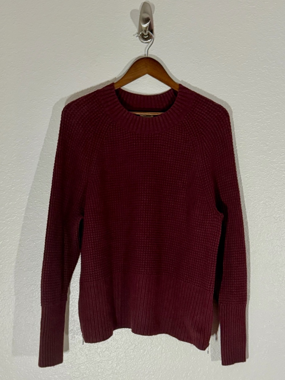 L.L.Bean Supersoft Waffle Sweater XL Petite Burgundy Side Zip Crewneck
